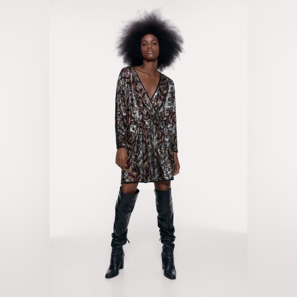 Zara ✨✨✨ Multi-colored Sequin Wrap Dress - Sz M - NWT - Picture 2 of 6